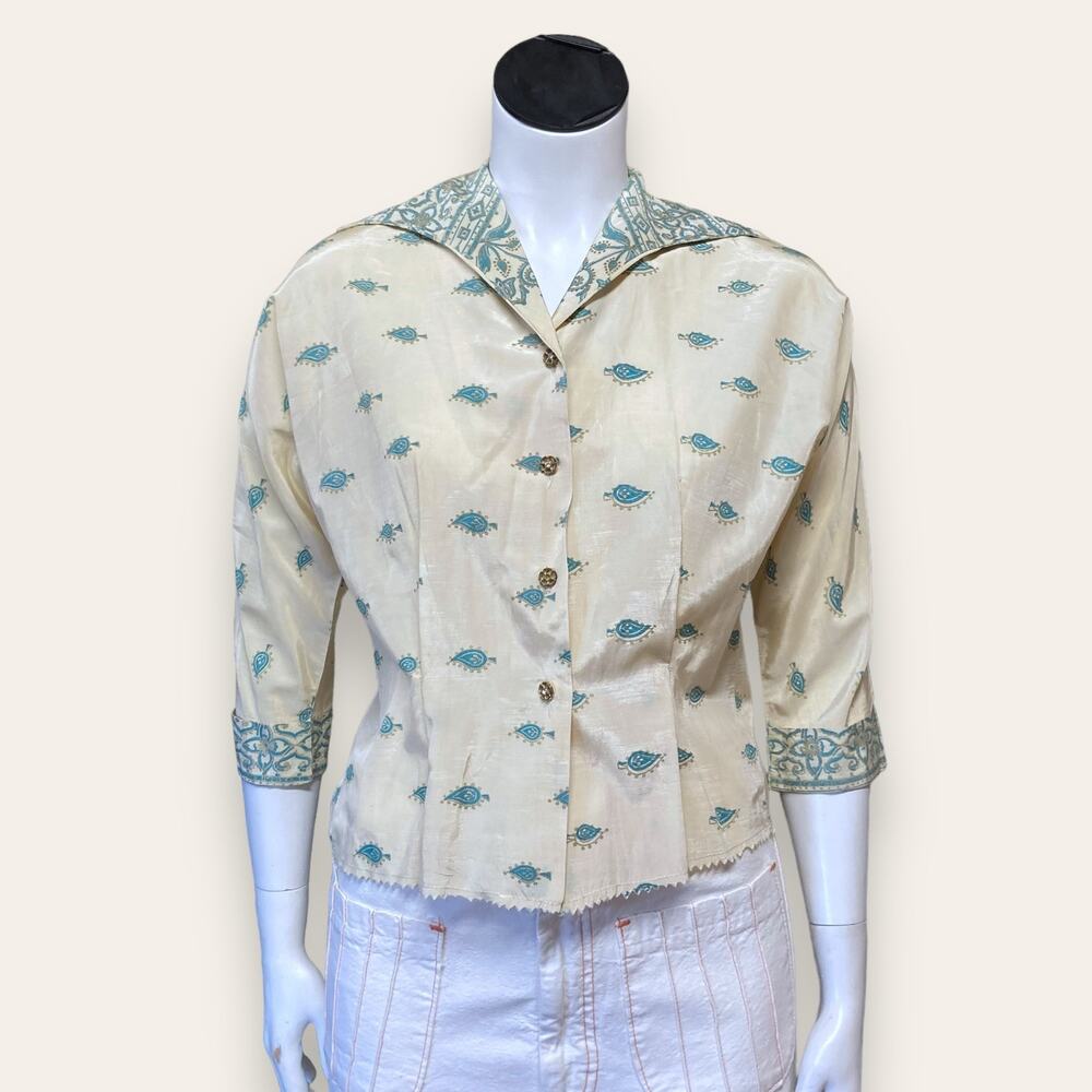 Vintage homemade cream and teal button up with dagger collar
